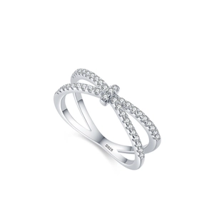 S925 sterling silver crisscross ring with micro-pave zircon stones on a white background