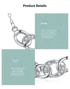 Macro detail of S925 sterling silver chain with interlocking rings and cubic zirconia