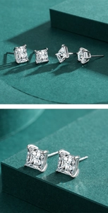 Macro detail of square-cut zircon earrings featuring a classic 4-prong S925 silver setting