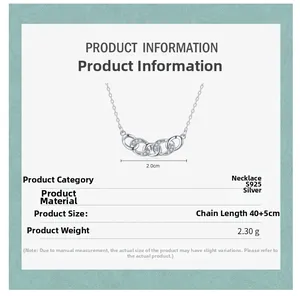 Detailed size chart of S925 silver interlocking ring pendant necklace with dimensions