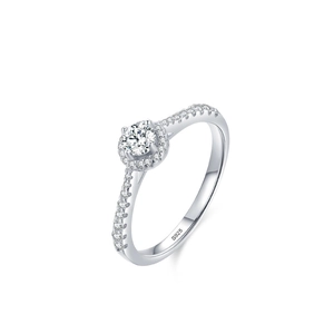 Classic S925 sterling silver halo ring with a round cubic zirconia and pavé band