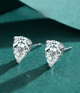 Macro view of pear-shaped cubic zirconia stud earrings in s925 sterling silver setting