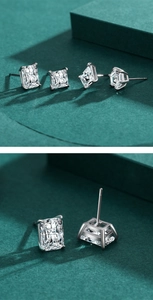 Close-up of radiant cut cubic zirconia stud earrings in classic 925 silver four-prong setting