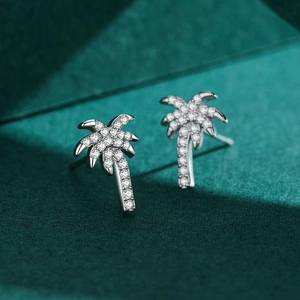 Elegant S925 silver palm tree stud earrings with micro-pave crystals for women
