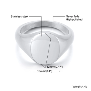 High polished oval stainless steel signet ring for women with 12x10mm flat surface