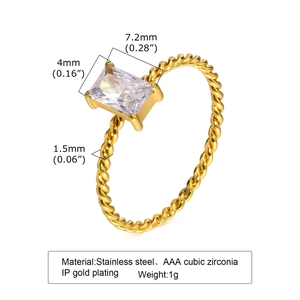 Gold stainless steel twisted ring with rectangular AAA cubic zirconia and size details