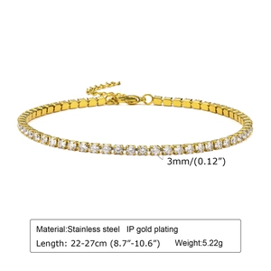 Macro detail of gold-plated stainless steel tennis chain with 3mm cubic zirconia stones