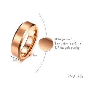 Detailed 6mm rose gold tungsten ring specs with matte finish and inner engraving
