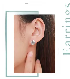 Close-up of s925 silver pear-shaped halo earrings worn by a model in elegant style
