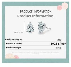 Detail view of S925 sterling silver pear-shaped zircon earrings showing exact dimensions