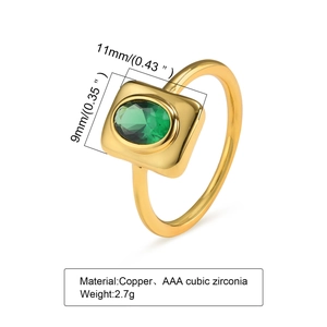 Golden copper ring featuring an oval green zircon stone in a geometric square setting