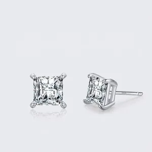925 Sterling Silver Square Zirconia Stud Earrings For Women Minimalist Four-Prong Inlaid Jewelry Square Cut Sparkling Earring