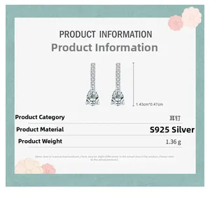 Detail specifications of S925 silver teardrop earrings with dimensions 1.43cm by 0.47cm