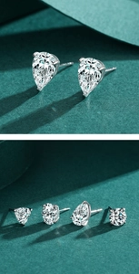 Detailed comparison of S925 silver pear, round, oval, and triangle cut zircon stud earrings