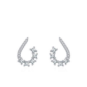 Elegant S925 silver curved earrings with geometric square zircons on white background