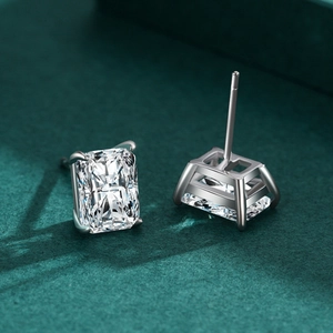 Elegant S925 sterling silver rectangular emerald-cut stud earrings with four-prong setting