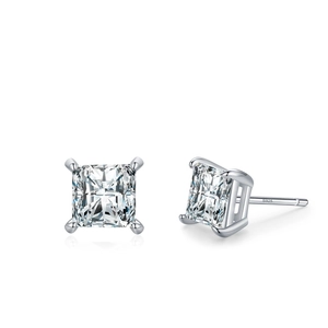 Classic S925 sterling silver square zirconia stud earrings with four-prong setting