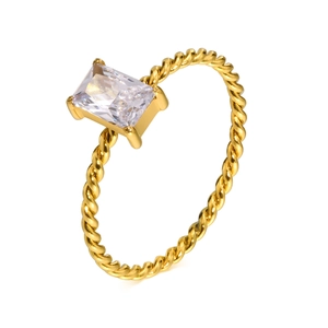 Gold plated stainless steel ring with emerald-cut white zircon and twisted rope band