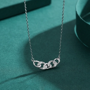 Elegant S925 silver chain necklace with five interlocking rings and paved zircon stones