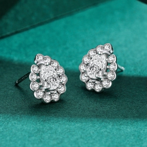 S925 sterling silver pear cut halo stud earrings with sparkling pave zirconias