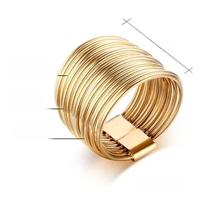Detailed view of 15mm wide stainless steel ring with IP gold plating and multi-layered design