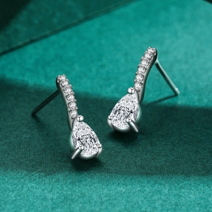 Elegant S925 sterling silver pear-cut drop earrings with micro-pave crystals on dark background