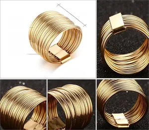 Macro detail of multi-layer gold plated stainless steel rings with a polished connector