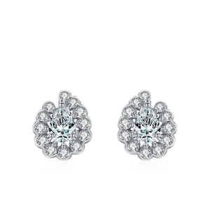 Luxurious S925 silver pear-cut diamond stud earrings with halo and wavy petal design