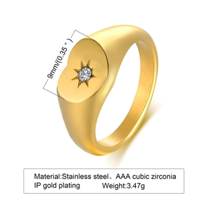 Gold IP plated stainless steel heart signet ring with AAA cubic zirconia star setting