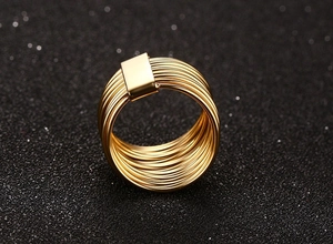 Detailed view of multilayer gold plated stainless steel ring with rectangular clasp