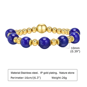 Detailed specs of the 10mm blue natural stone and gold stainless steel beaded bracelet