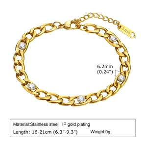 Gold IP plated stainless steel Cuban link bracelet with five clear cubic zirconia stones