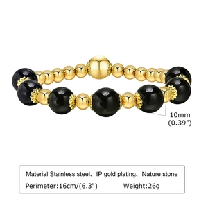 10mm black natural stone and gold plated stainless steel beaded bracelet for women and men
