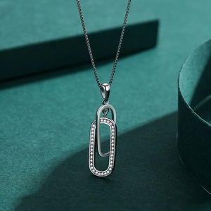 Minimalist S925 sterling silver interlocking double oval necklace with cubic zirconia pave