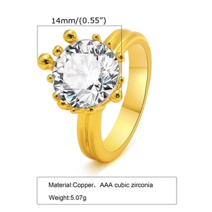 Golden copper ring with a 14mm round AAA cubic zirconia center stone on white background