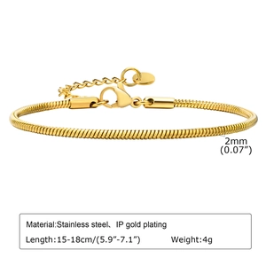 Detail of 2mm gold plated stainless steel snake chain bracelet with adjustable lobster clasp