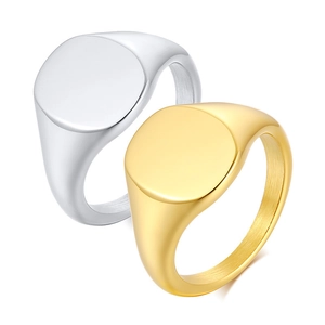 Minimalist oval signet rings in gold and silver polished stainless steel on white back