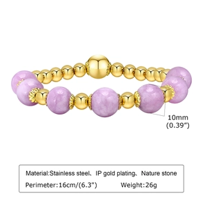 Detail of 10mm natural stone and gold stainless steel beaded bracelet with specs