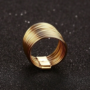 Polished gold multi-layer wire ring featuring a wide band and rectangular buckle clasp