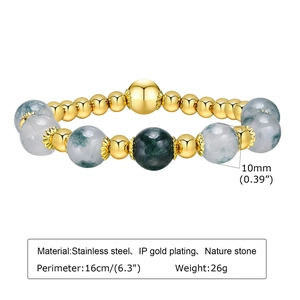 Detail showing 10mm green natural stone and gold plated stainless steel beaded bracelet