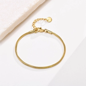 Detail of gold snake chain bracelet with lobster clasp and round tag on marble
