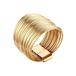 Polished gold multi-layer wrap ring with elegant interlocking bands and wide metal clasp