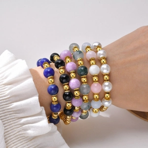 Bohemian Natural Stone Beaded Bracelet Stainless Steel Gold Plated Agate Lapis Lazuli Faux Artificial Pearl Elastic Jewelry Women