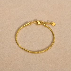 Detail of gold snake chain bracelet featuring a lobster clasp and adjustable extension link