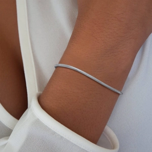 Minimalist silver stainless steel snake bone chain bracelet worn on a woman's wrist