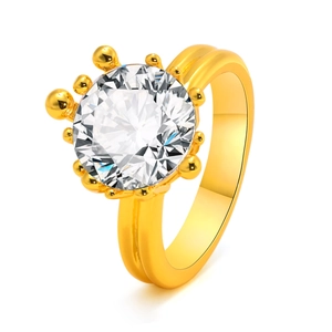 Elegant gold plated ring with large round cubic zirconia in a crown setting