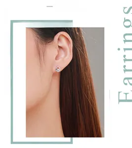 Close-up of S925 silver water drop stud earring with a sparkling center cubic zirconia stone