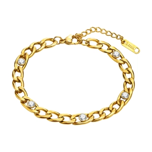 Gold stainless steel NK link chain bracelet with five round white cubic zirconia stones