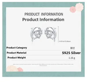 Détails macro des boucles d'oreilles dauphin en argent S925 avec dimensions