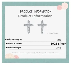 Détails des boucles d'oreilles croix en argent S925 avec dimensions et poids de 0,96g